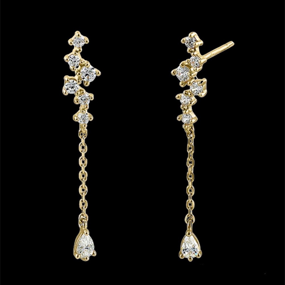 Solid 14K Yellow Gold Sparkle Clear CZ Pear Dangle tiny Fine  Stud Earrings